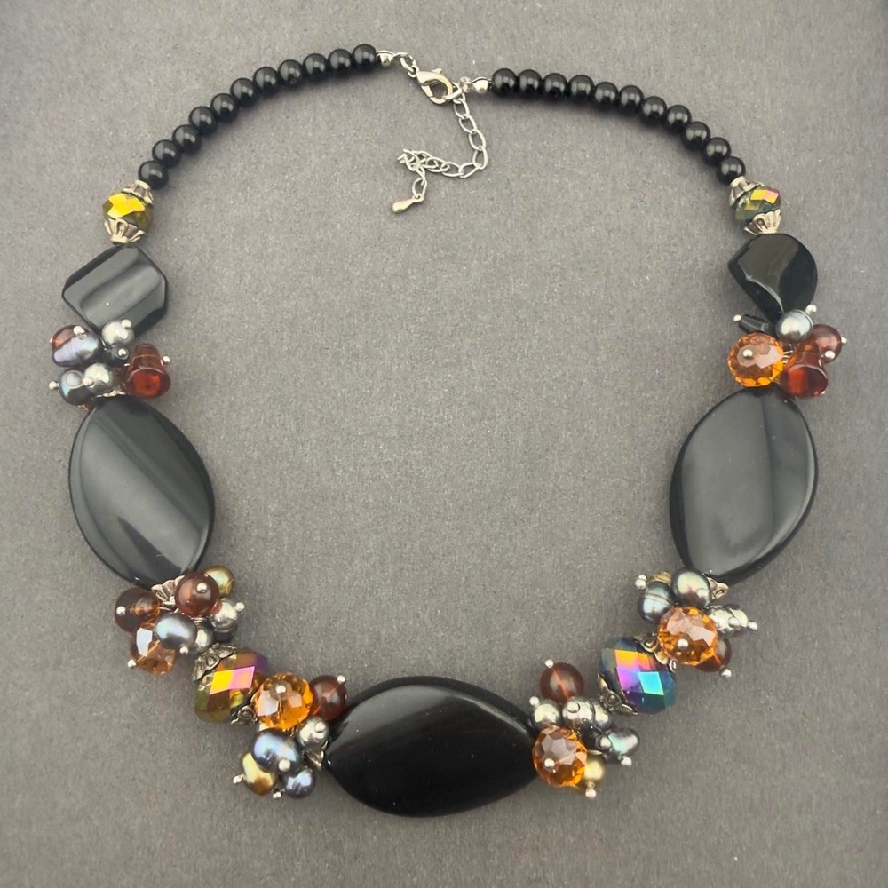 Onyx‎ Crystal Statement Necklace Beaded Cluster Stone Boho Bold Design